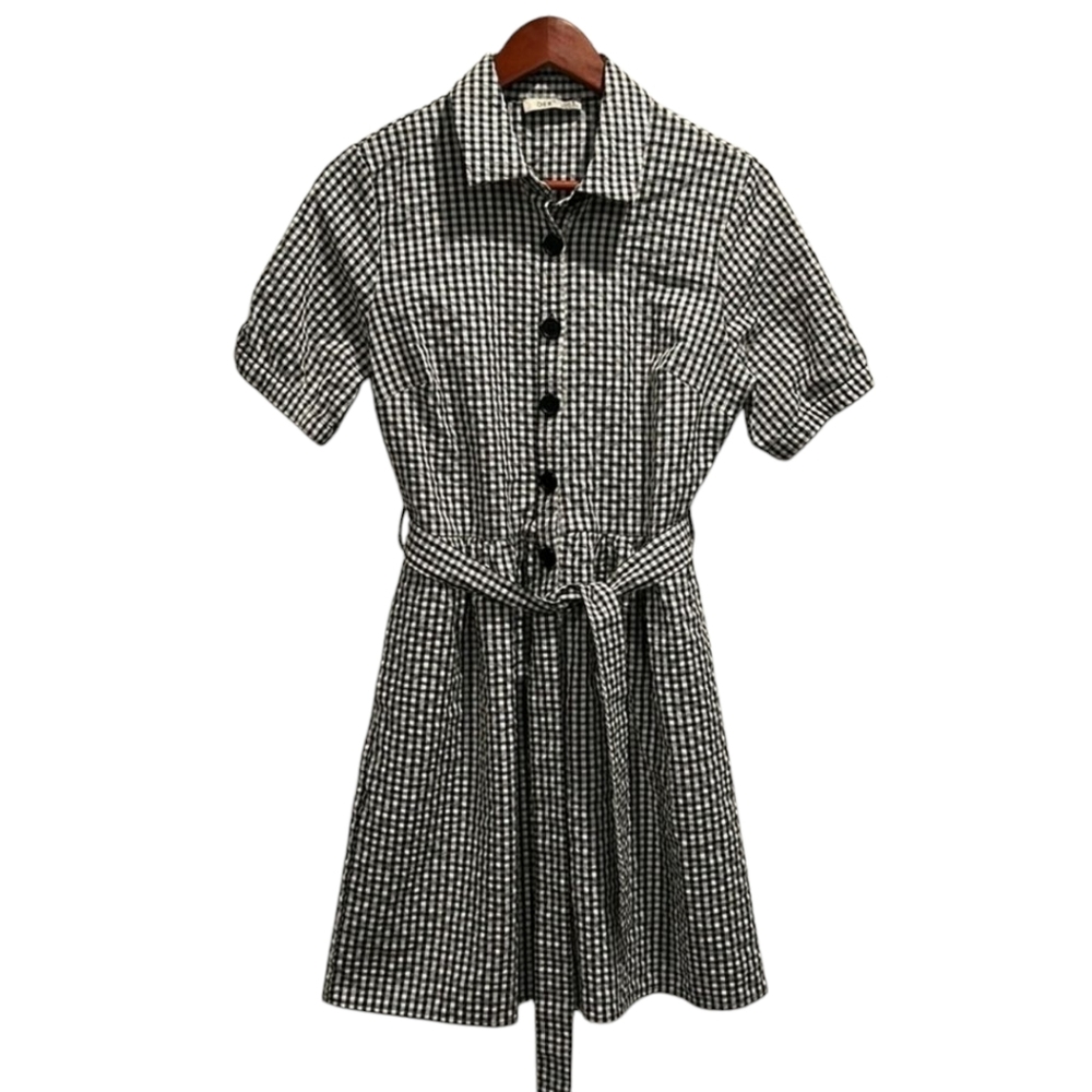 Dex M Gingham Plaid Mini Dress Button Down Belted Short Sleeves